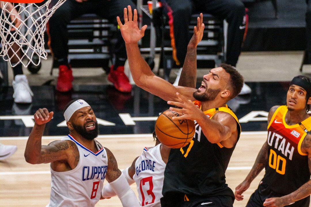 (Trent Nelson  |  The Salt Lake Tribune) Utah Jazz center Rudy Gobert (27) as the Utah Jazz host the Los Angeles Clippers in a Game 5 matchup, NBA basketball in Salt Lake City on Wednesday, June 16, 2021.