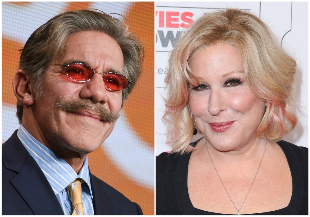 This combination photo shows Geraldo Rivera at "The Celebrity Apprentice" panel at the NBC 2015 Winter TCA in Pasadena, Calif., on Jan. 16, 2015, left, and Bette Midler at the 15th Annual Movies for Grownups Awards in Beverly Hills, Calif., on Feb. 8, 2016. Midler is renewing an allegation of sexual misconduct against Geraldo Rivera, a day after Rivera called the news business "flirty." In a tweet posted Thursday by Midler and confirmed by her publicist, the actress-singer called on Rivera to apologize for an assault she said occurred four decades ago. (Photo by Richard Shotwell, left, and Rich Fury/Invision/AP, File)