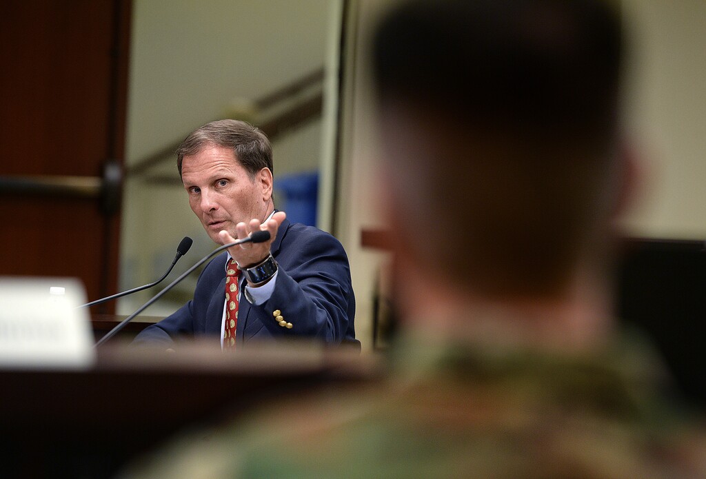 Scott Sommerdorf | The Salt Lake Tribune
Utah Congressman Chris Stewart, gestures toward Major General Jefferson S. Burton, Adjutant General - Army, Utah National Guard as he greeted those in attendance prior to speaking to the Legislature's Veterans' and Military Affairs Commission about his ideas for reforming the VA, Wednesday, August 3, 2016.