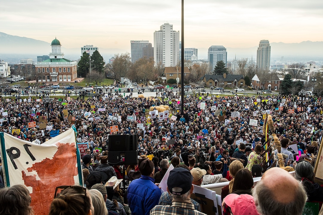 (Chris Detrick  |  The Salt Lake Tribune) Supporters of the Bears Ears and Grand Staircase-Escalante National Monuments rally at the Utah State Capitol Saturday, December 2, 2017.  Utah Highway Patrol estimated 5,000 people attended the rally. 