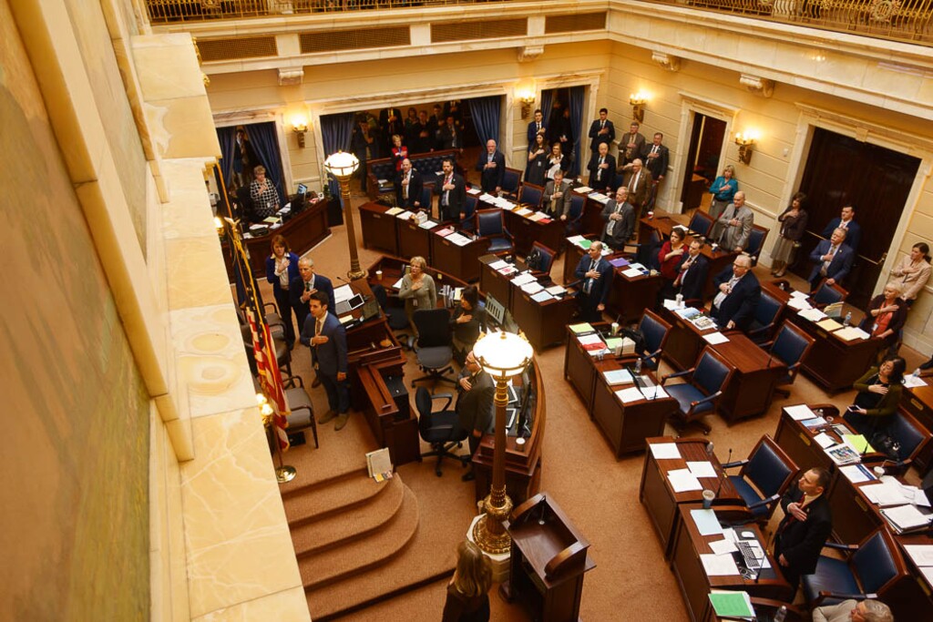 (Trent Nelson | The Salt Lake Tribune)  The Utah Senate starts the day's session with the Pledge of Allegiance, in Salt Lake City, Friday, Feb. 23, 2018.