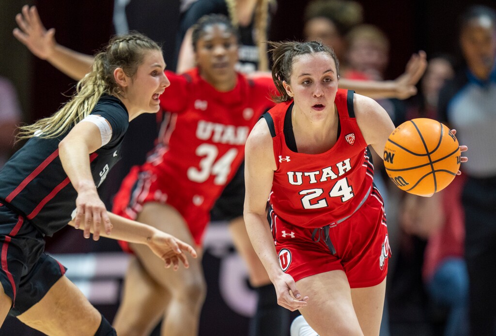 (Rick Egan | The Salt Lake Tribune) Utah Utes guard Kennady McQueen (24) brings the ball downcourt, in PAC-12 action between the Utah Utes and the Stanford Cardinals, at the Jon M. Huntsman Center, on Saturday, Feb. 25, 2023.
