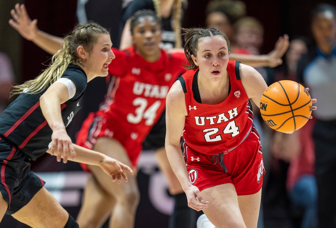 (Rick Egan | The Salt Lake Tribune) Utah Utes guard Kennady McQueen (24) brings the ball downcourt, in PAC-12 action between the Utah Utes and the Stanford Cardinals, at the Jon M. Huntsman Center, on Saturday, Feb. 25, 2023.
