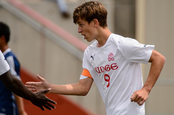 (Trent Nelson | The Salt Lake Tribune)  Judge Memorial's Jack Terrill (9) celebrates a penalty kick goal in the Class 3A boys' soccer state quarterfinal between Judge Memorial and Maeser Prep in Salt Lake City, Saturday May 5, 2018.