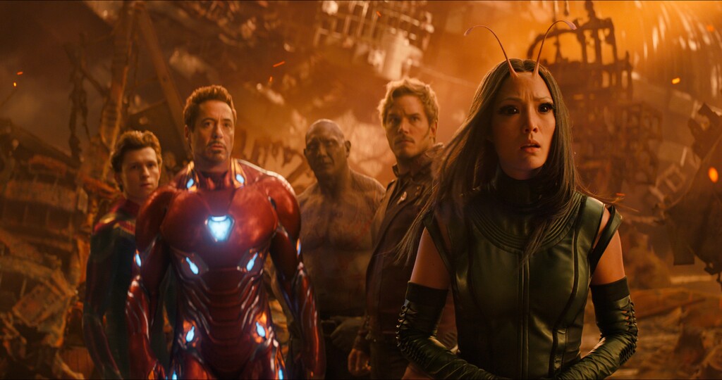 From left, Tom Holland, Robert Downey Jr., Dave Bautista, Chris Pratt and Pom Klementieff in a scene from "Avengers: Infinity War." (Marvel Studios via AP)