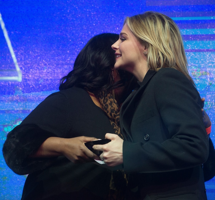 (Rick Egan  |  The Salt Lake Tribune)     Chloë Grace Moretz, the star of the U.S. Dramatic Grand Jury Prize Award winning film "The Miseducation of Cameron Post" gets a hug from Octavia Spencer, as she accepts the award, at the 2018 Sundance Film Festival Awards Night, Saturday, January 27, 2018.


