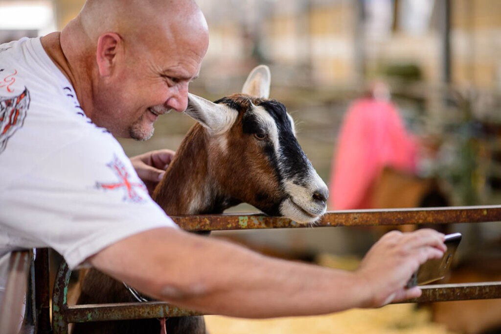 (Trent Nelson | The Salt Lake Tribune)  Bryan Armstrong takes a selfie with a goat at the Utah State Fair, Sunday Sept. 9, 2018.