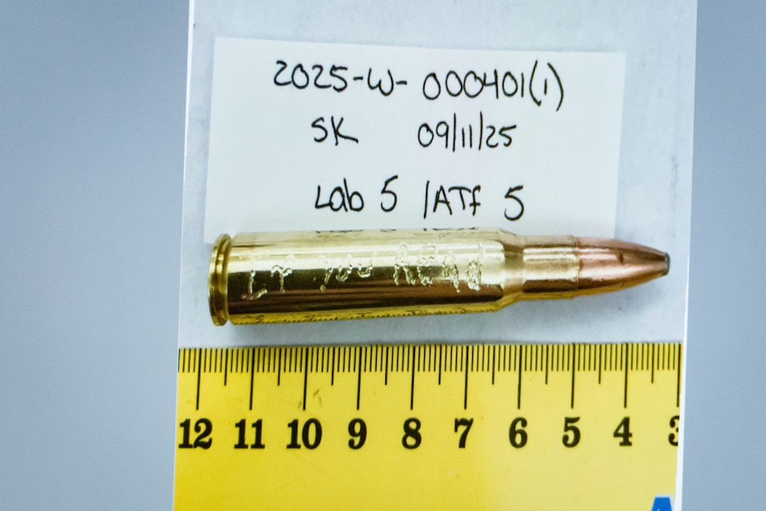 (Spenser Heaps | Pool) An image of a bullet casing engraved with the words “If You Read” is displayed during a preliminary hearing for Tyler Robinson, who is accused in the fatal shooting of Charlie Kirk, at the Fourth District Courthouse in Provo, Thursday, July 9, 2026.