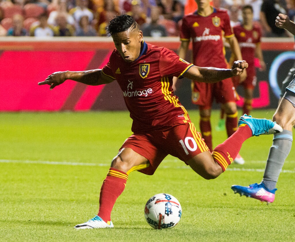 Rick Egan  |  The Salt Lake TribuneReal Salt Lake forward Joao Plata (10) kicks the ball, in MLS action at Rio Tinto Stadium, Saturday, June 17, 2017.