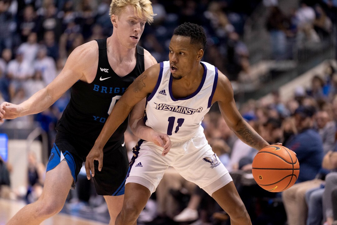 (Francisco Kjolseth | The Salt Lake Tribune) Brigham Young Cougars guard Hunter Erickson (0) pressures Westminster Griffins guard Reme Torbert (11) in basketball action between the Brigham Young Cougars and the Westminster Griffins at the Marriott Center in Provo, Wednesday, Dec. 29, 2021.