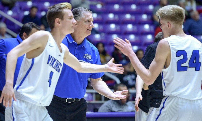 (Leah Hogsten  |  The Salt Lake Tribune) Pleasant Grove's head coach Randy McAllister celebrates the play of Pleasant Grove's Kael Mikkelsen (24). Pleasant Grove defeated West Jordan 62-54 in the 6A High School Boys' Basketball Tournament opening game at Weber State University’s Dee Events Center in Ogden,  Tuesday, Feb. 27, 2018. 