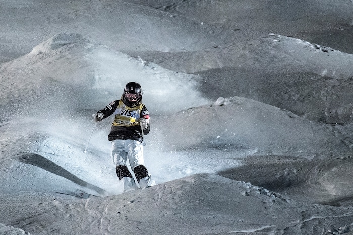 (Chris Detrick  |  The Salt Lake Tribune)  USA's Jaelin Kauf (1) competes in the Ladies' Mogul Finals during the FIS Visa Freestyle International Ski World Cup at Deer Valley Resort Thursday, January 11, 2018.  Kauf finished in first place with a score of 81.37.