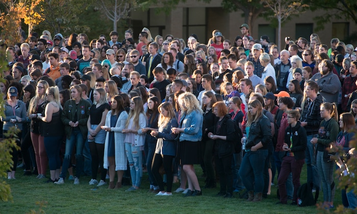 (Rick Egan  |  The Salt Lake Tribune)  Hundreds of Southern Utah University student, gather for a candle light vigil for the victims of the Las Vegas shooting, on the SUU campus in Cedar City, Wednesday, October 4, 2017.