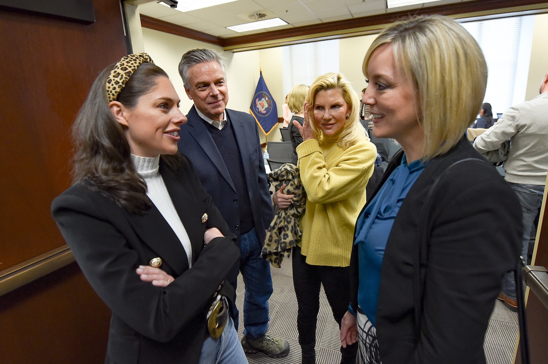 (Francisco Kjolseth  |  The Salt Lake Tribune) Abby Huntsman, left, joins her parents former Gov. Jon Huntsman and Mary Kaye, in background, as she speaks with gubernatorial candidate Salt Lake County Councilwoman Aimee Winder Newton. Abby has joined her fathers gubernatorial campaign as the candidates were invited to speak to the Professional Republican Women of Utah during their membership luncheon at the Capitol in Salt Lake City on Thursday, Jan. 23, 2020.