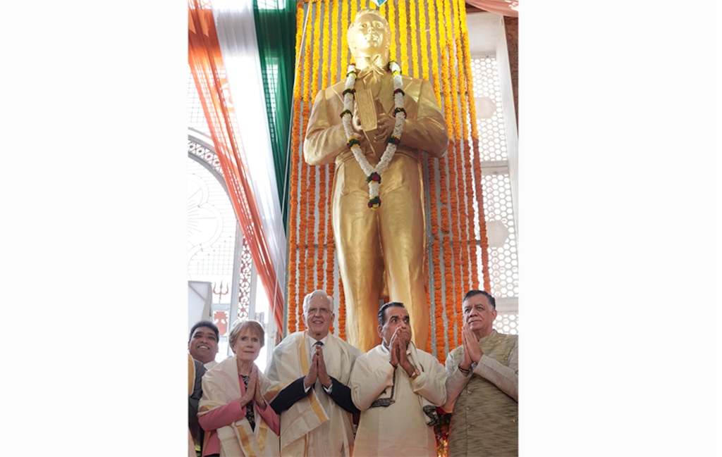 (The Church of Jesus Christ of Latter-day Saints)
Apostle D. Todd Christofferson, center left, stands with his wife, Katherine, and World Peace University officials in front of the 15-foot-high bronze statue of the Prophet Joseph Smith at its unveiling at the World Peace Dome in Pune, India, on Tuesday, Nov. 22, 2022.