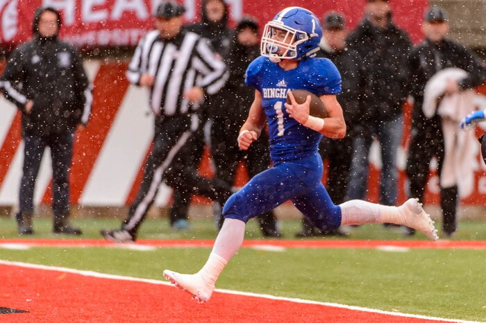 (Trent Nelson | The Salt Lake Tribune)  Bingham's Braedon Wissler (1) scores a touchdown as East faces Bingham in the Class 6A High School State Football Championship game in Salt Lake City, Friday November 17, 2017.