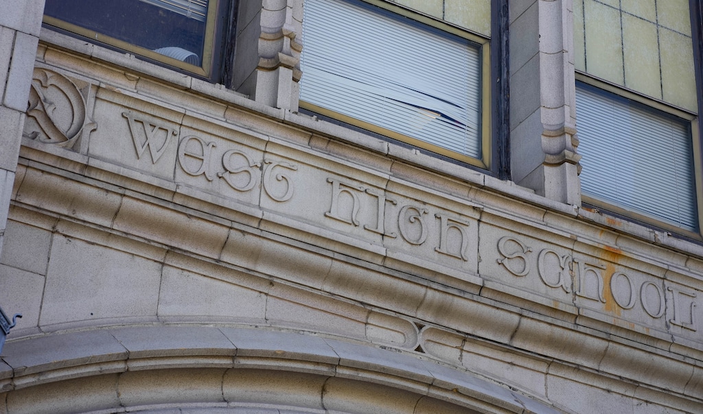 (Francisco Kjolseth | The Salt Lake Tribune) The West High School facade in 2022. Public schools, like West High School, across Utah will receive $106 million from the state land trust distribution for the 2024-2025 school year.