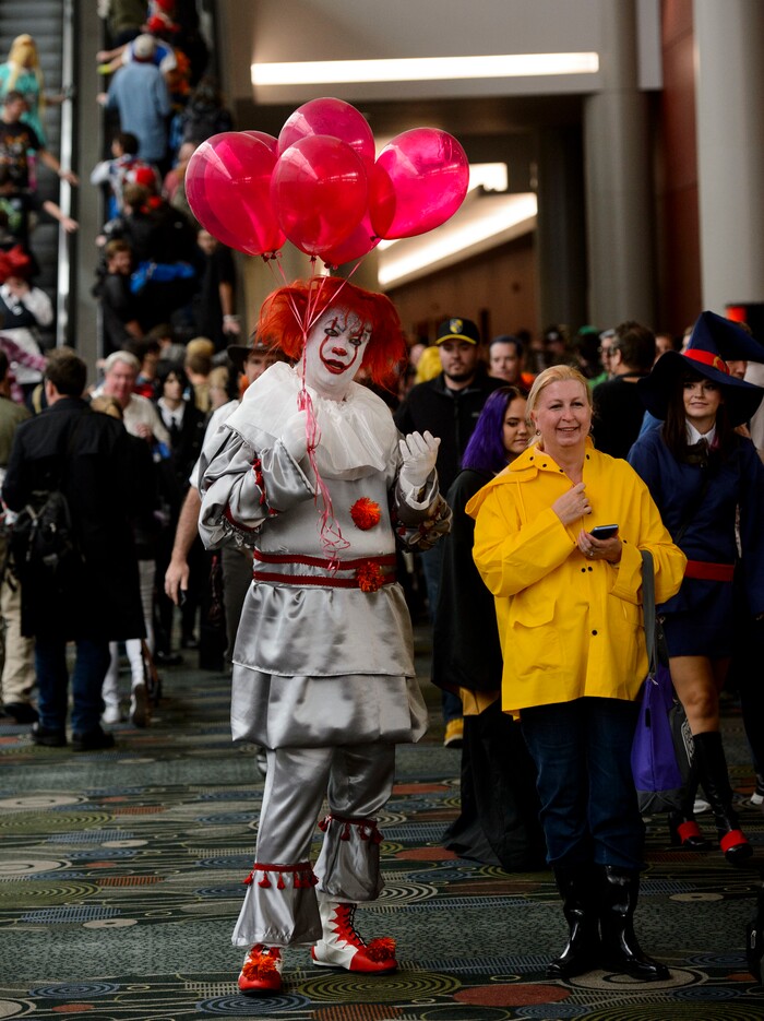 (Steve Griffin  |  The Salt Lake Tribune)  A clown waves to others at the Salt Lake Comic Con in Salt Lake City Friday September 22, 2017.