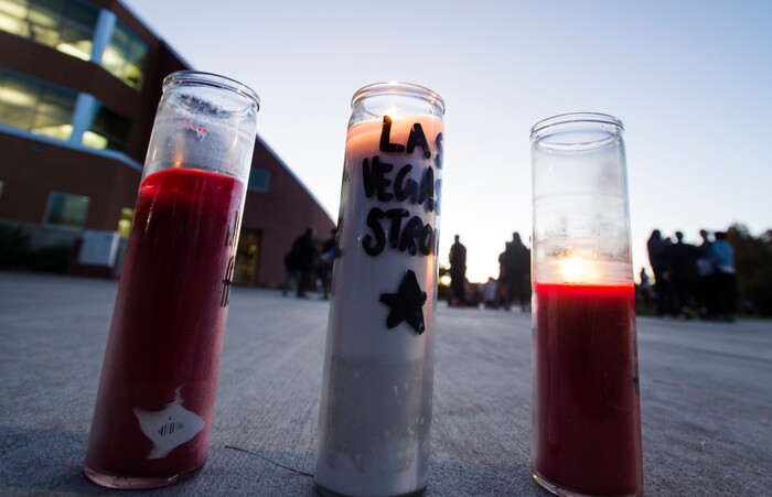 (Rick Egan  |  The Salt Lake Tribune)  candles are left to burn after a candle light vigil for the victims of the Las Vegas shooting, on the SUU campus in Cedar City, Wednesday, October 4, 2017.