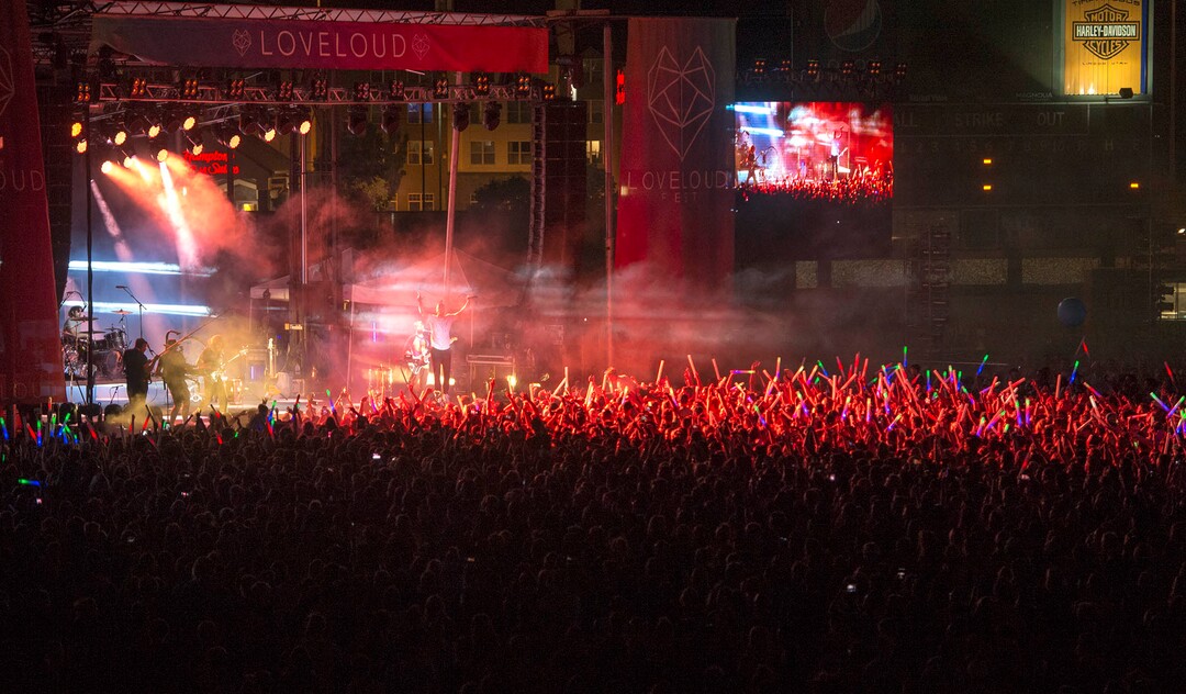 (Rick Egan  |  The Salt Lake Tribune) Imagine Dragons perform at the LoveLoud Festival at Brent Brown Ballpark at UVU campus, Saturday, August 26, 2017.
