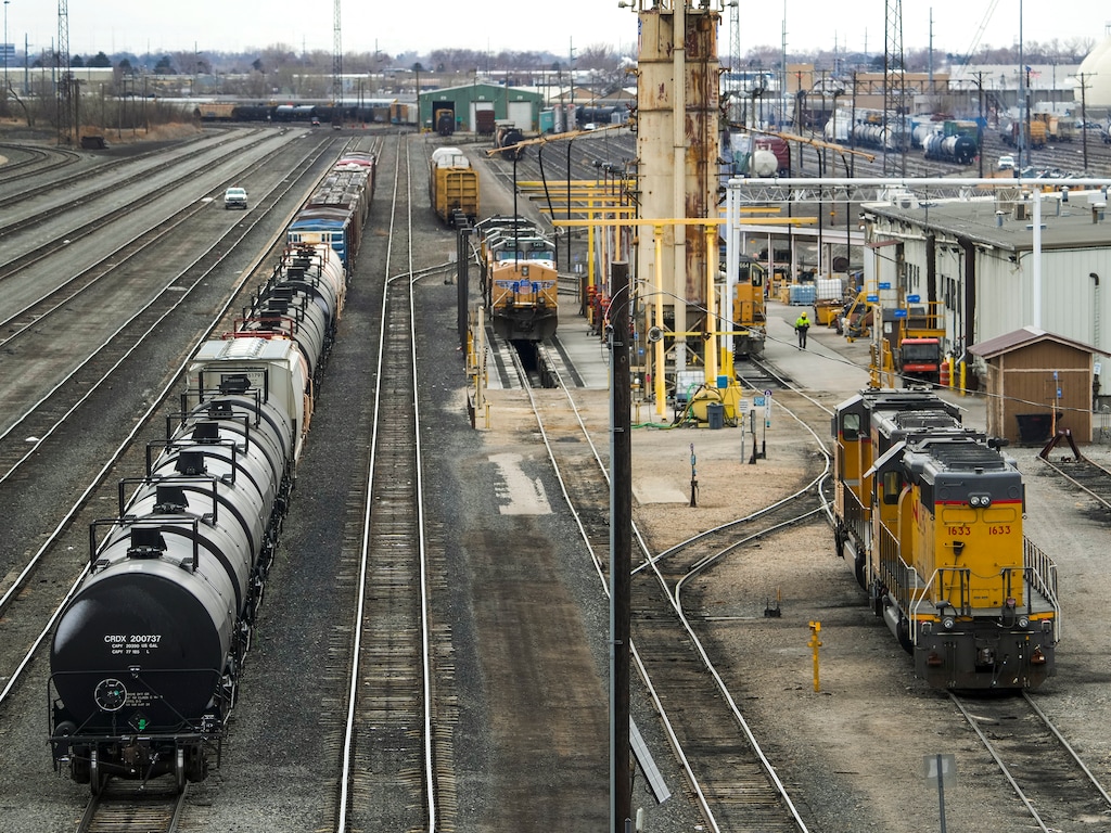 (Leah Hogsten | The Salt Lake Tribune) Union Pacific Railroad's Roper Yard in South Salt Lake is a large train car switching yard where the railroad assembles long trains for transport to other cities, Feb. 23, 2022.