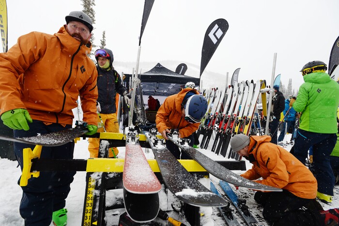 Steve Griffin / The Salt Lake Tribune
The Black Diamond booth was busy sizing skis and bindings for their guests during the Outdoor Retailer demo day at Solitude in Salt Lake City Monday January 9, 2017.