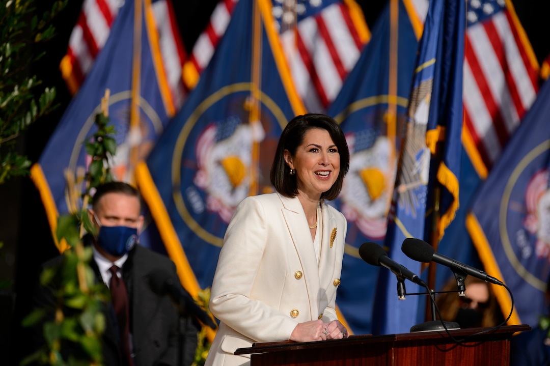 (Trent Nelson  |  The Salt Lake Tribune) Deidre Henderson speaks after being sworn as Lt. Gov. at Tuacahn Center for the Arts in Ivins on Monday, Jan. 4, 2021. At left is Gabe Henderson.