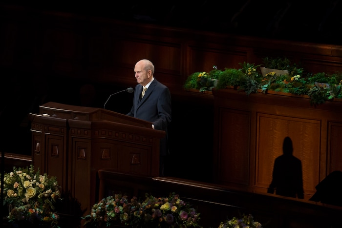 (Jeremy Harmon  |  The Salt Lake Tribune)  President Russell M. Nelson announces  seven new temples, including one in Russia, during the Sunday afternoon session of General Conference on April 1, 2018.