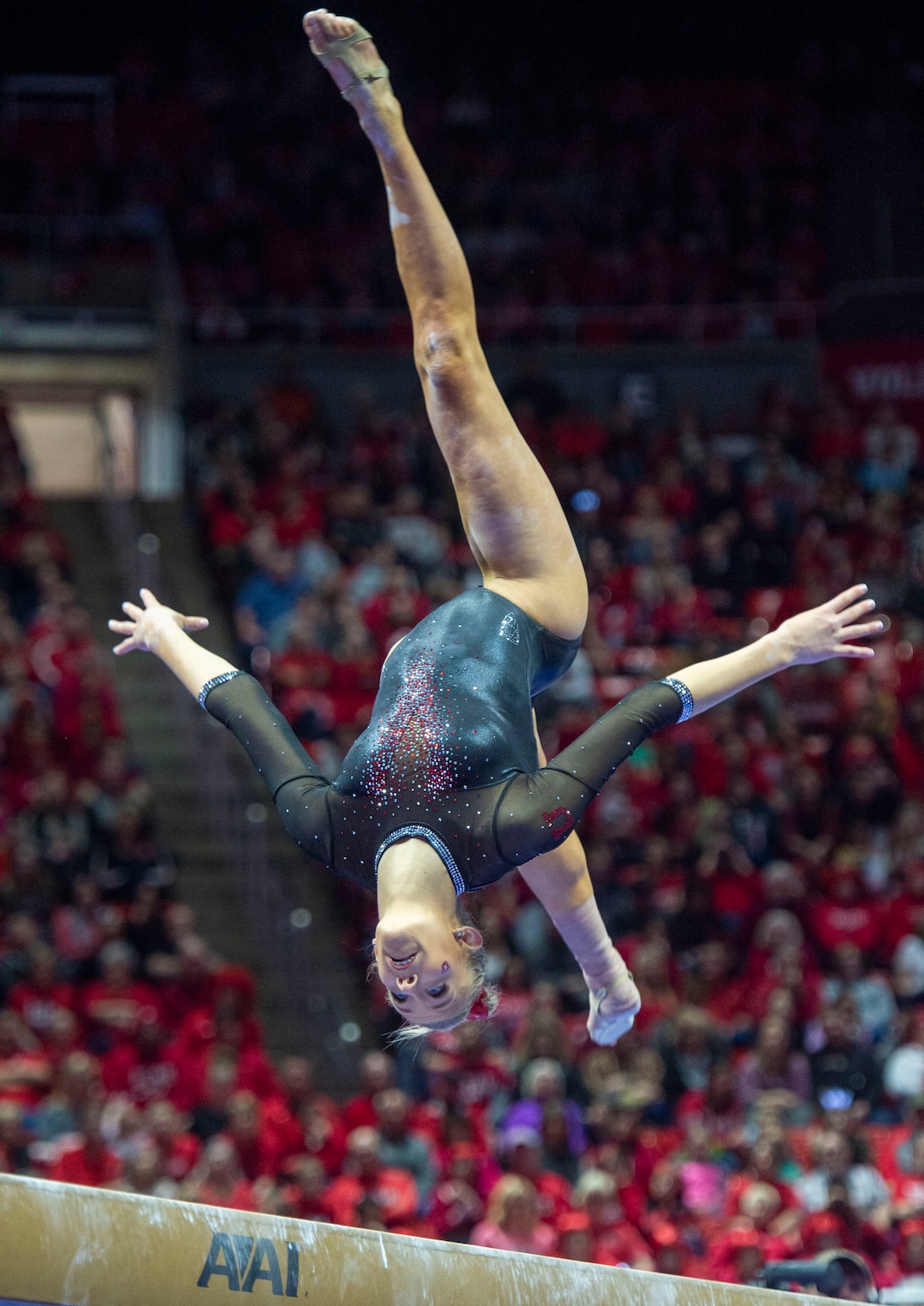 (Rick Egan  |  The Salt Lake Tribune)  Makenna Merrell-Giles competes on the balance beam, in PAC-12 gymnastics action between the UCLA Bruins and the University of Utah, at the Jon M. Huntsman Center, Saturday, Feb. 23, 2019.