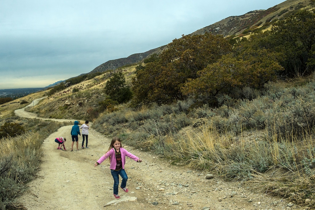 (Chris Detrick | The Salt Lake Tribune) Sophie Mason, 5, plays along along Firebreak Road on Twin Hollow Mountain Wednesday October 28, 2015. In the background is Brandon Mason, 14, Lexie Mason, 8 and Kate Mason, 12. A pair of Utah developers are seeking a public land swap in the Bountiful foothills that they say will accommodate public access and conservation in two key spots.
Some nearby residents, however, fear the plan would invite high-density residential growth in the wrong place.