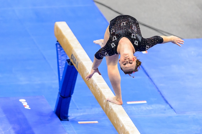 Trent Nelson  |  The Salt Lake TribuneUtah's Maddy Stover on the beam as the University of Utah Utes host Stanford, college gymnastics at the Huntsman Center in Salt Lake City, Saturday February 21, 2015.