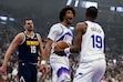 (Tyler Tate | AP Photo) Utah Jazz center Jaxson Hayes, center, yells after a dunk during the first half of an NBA basketball game against the Denver Nuggets, Tuesday, Oct. 6, 2026, in Salt Lake City.
