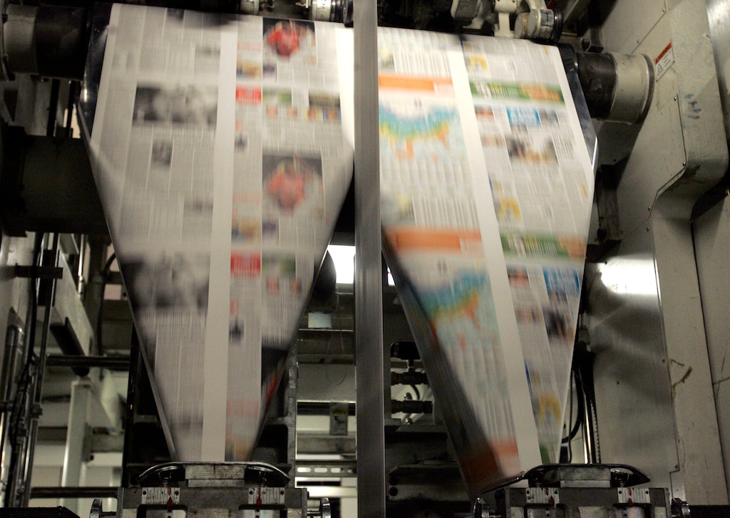 |  Tribune File Photo

USA Today runs through the TKS press Wednesday, March 11, 2009, at MediaOne in West Valley City. MediaOne prints many papers and products including The New York Times, USA Today, The Deseret News, Provo Daily Herald and The Salt Lake Tribune.