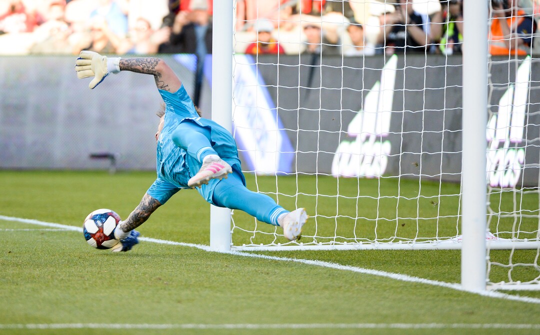 Leah Hogsten  |  The Salt Lake Tribune  Portland Timbers goalkeeper Steve Clark (12) makes the save on a penalty kick in the first half. Real Salt Lake hosts the Portland Timbers, Saturday, May 4, 2019 at Rio Tinto Stadium in Salt Lake City.