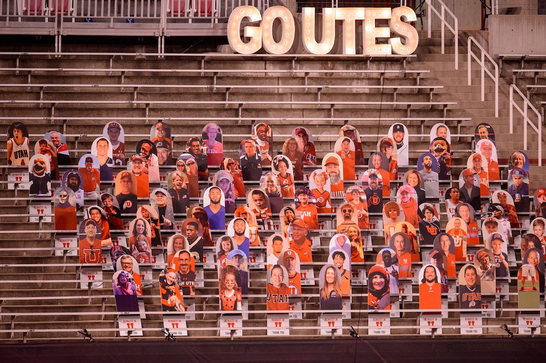 (Trent Nelson  |  The Salt Lake Tribune) Cardboard cutout fans in the stands as the Utah Utes hosts the USC Trojans, NCAA football at Rice-Eccles Stadium in Salt Lake City on Saturday, Nov. 21, 2020.