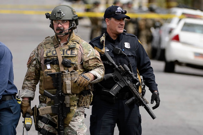 (Trent Nelson | The Salt Lake Tribune)  
Law enforcement at the scene after an incident where a man barricaded himself in a house on Princeton Avenue near 1100 East in Salt Lake City, Wednesday April 18, 2018.
