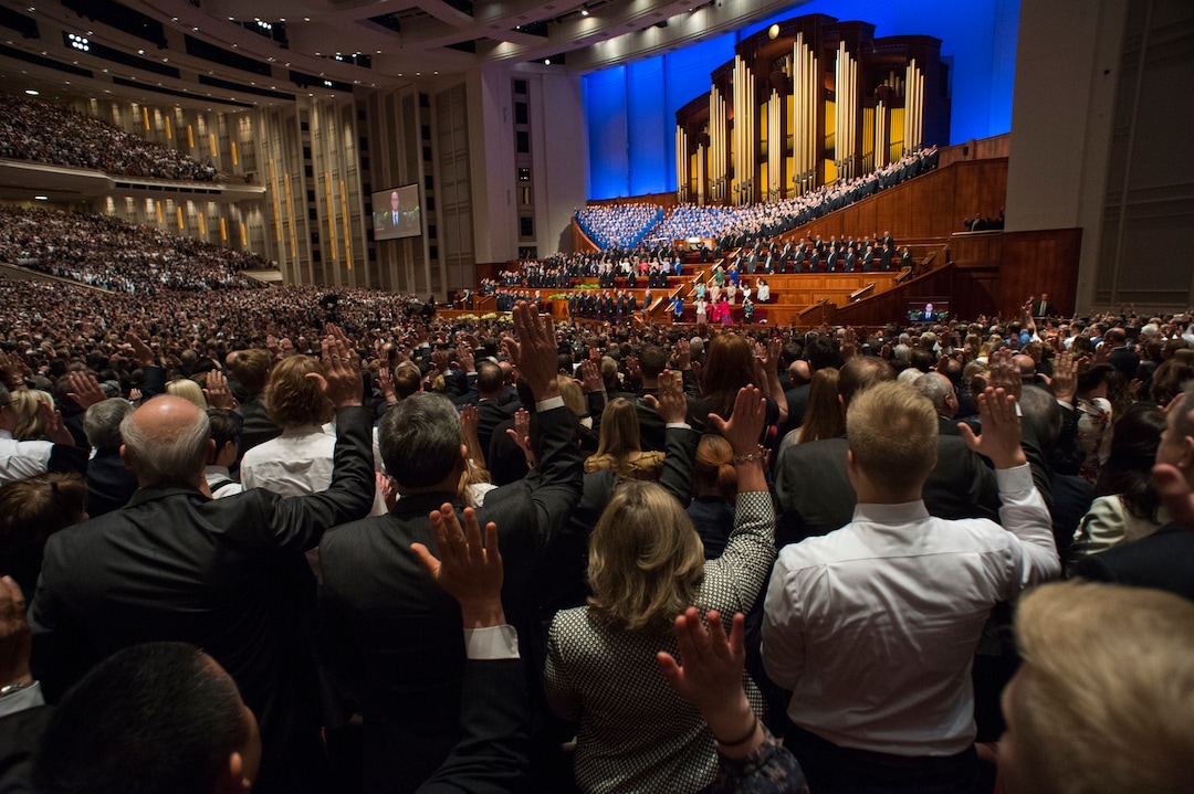 (Rick Egan  |  The Salt Lake Tribune)         Everyone in attendance stand to sustain President Russell M. Nelson and the first presidency of the church, during a  Solemn Assembly in the Saturday morning session of the 188th Annual General Conference in Salt Lake City,  Saturday, March 31, 2018.