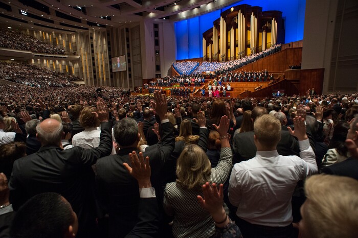 (Rick Egan  |  The Salt Lake Tribune)         Everyone in attendance stand to sustain President Russell M. Nelson and the first presidency of the church, during a  Solemn Assembly in the Saturday morning session of the 188th Annual General Conference in Salt Lake City,  Saturday, March 31, 2018.