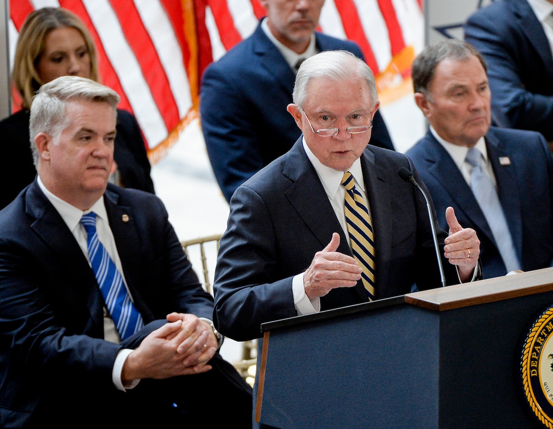 Leah Hogsten  |  The Salt Lake Tribune   U.S. Attorney General Jeff Sessions touted Project Safe Neighborhoods, Wednesday, October 3, 2018, at the Utah Capitol, on the one year anniversary since the Trump administration returned to the policy pushed by the George W. Bush administration. Under Project Safe Neighborhoods, federal prosecutors focus on security stiff sentences for those convicted of gun crimes and reducing violent crimes.