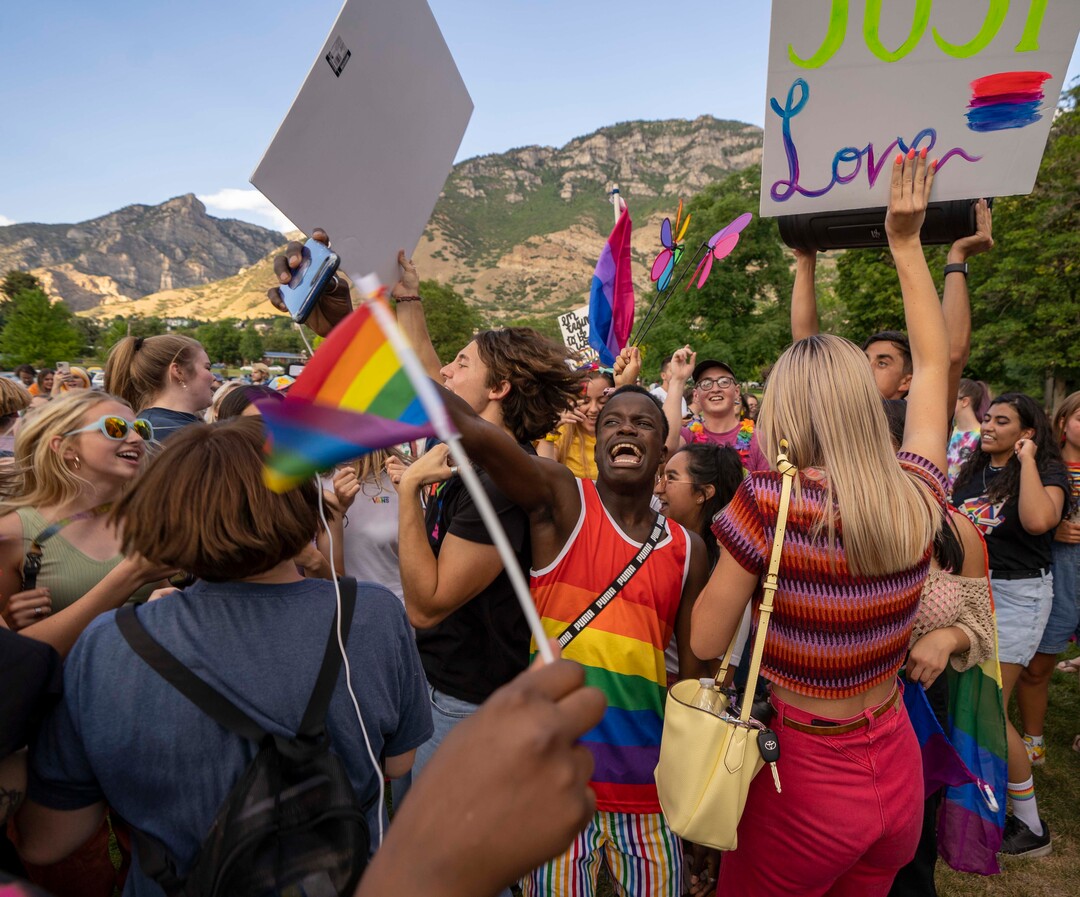 (Rick Egan | The Salt Lake Tribune) More than a thousand BYU students, friends and allies dance to the music of Lady Gaga, Brittney Spears and Taylor Swift, after a Pride March from Joaquin Park to Kiwanis Park,  in Provo, on Monday, June 28, 2021.