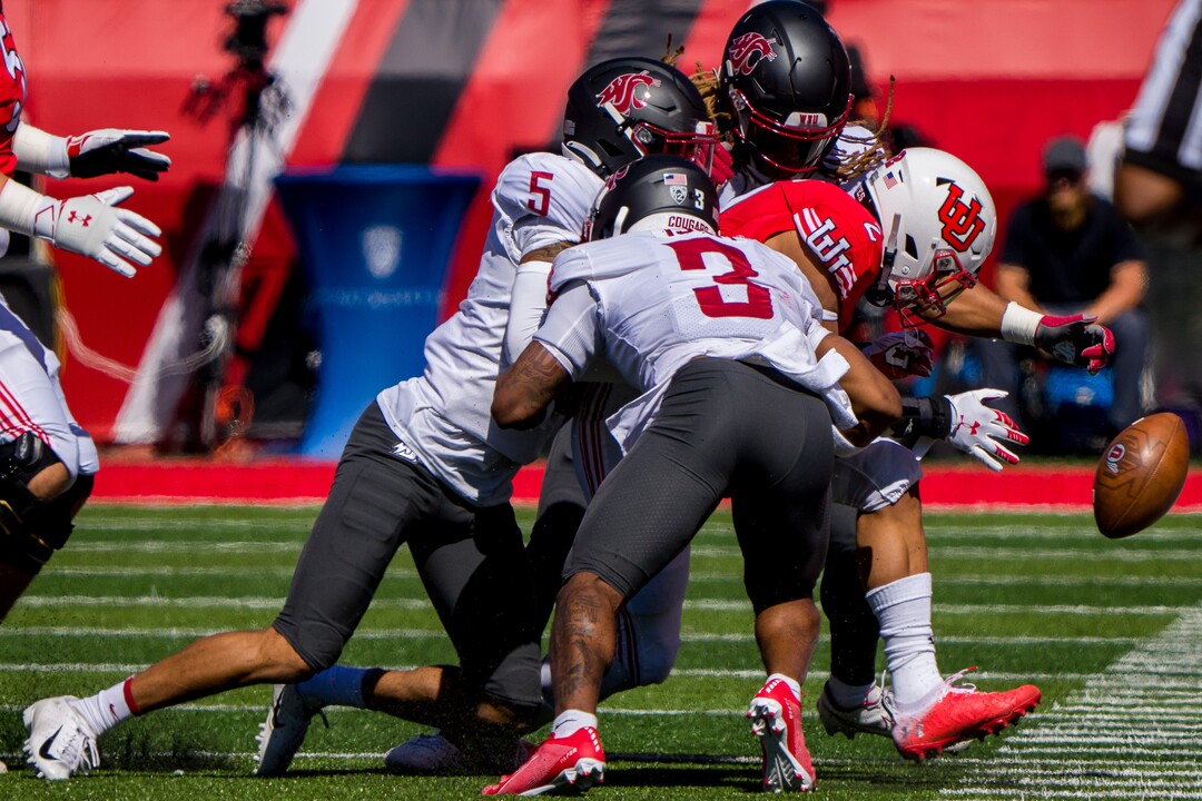 (Trent Nelson  |  The Salt Lake Tribune) Utah Utes running back Micah Bernard (2) loses the ball out of bounds as the University of Utah hosts Washington State, NCAA football in Salt Lake City on Saturday, Sept. 25, 2021.