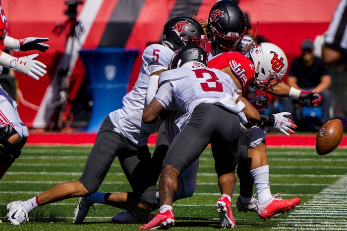 (Trent Nelson  |  The Salt Lake Tribune) Utah Utes running back Micah Bernard (2) loses the ball out of bounds as the University of Utah hosts Washington State, NCAA football in Salt Lake City on Saturday, Sept. 25, 2021.