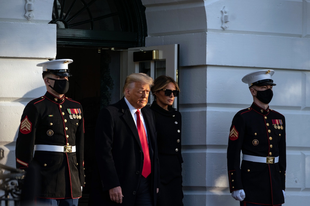 President Donald Trump and first lady Melania Trump depart the White House on Wednesday morning, Jan. 20, 2021, hours before the presidential inauguration of Joe Biden. (Anna Moneymaker/The New York Times)