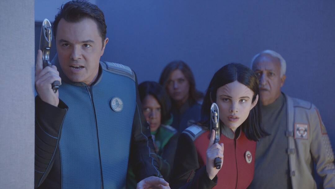 (Courtesy Fox) Seth MacFarlane, Penny Johnson Jerald, Adrianne Palicki, Halston Sage and guest star Brian George in the “Old Wounds” episode of “The Orville.”