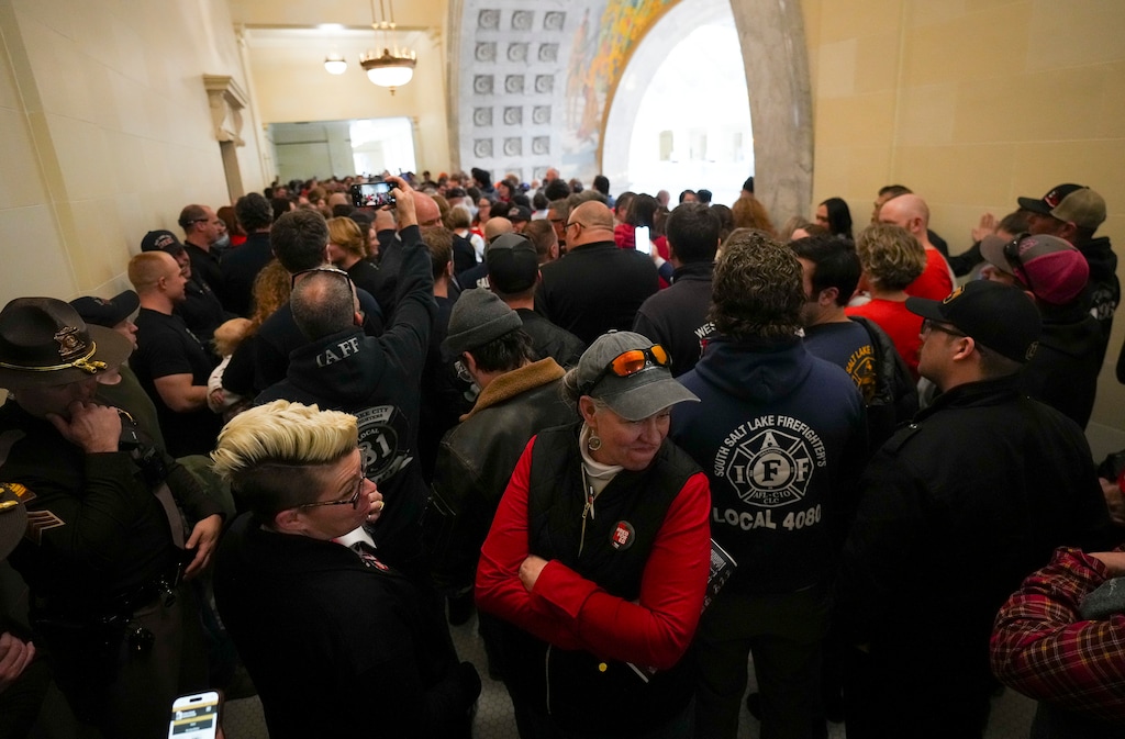 (Bethany Baker  |  The Salt Lake Tribune) Union supporters gather outside the Senate gallery before expected HB267 discussion at the Capitol in Salt Lake City Friday, Jan. 31, 2025.