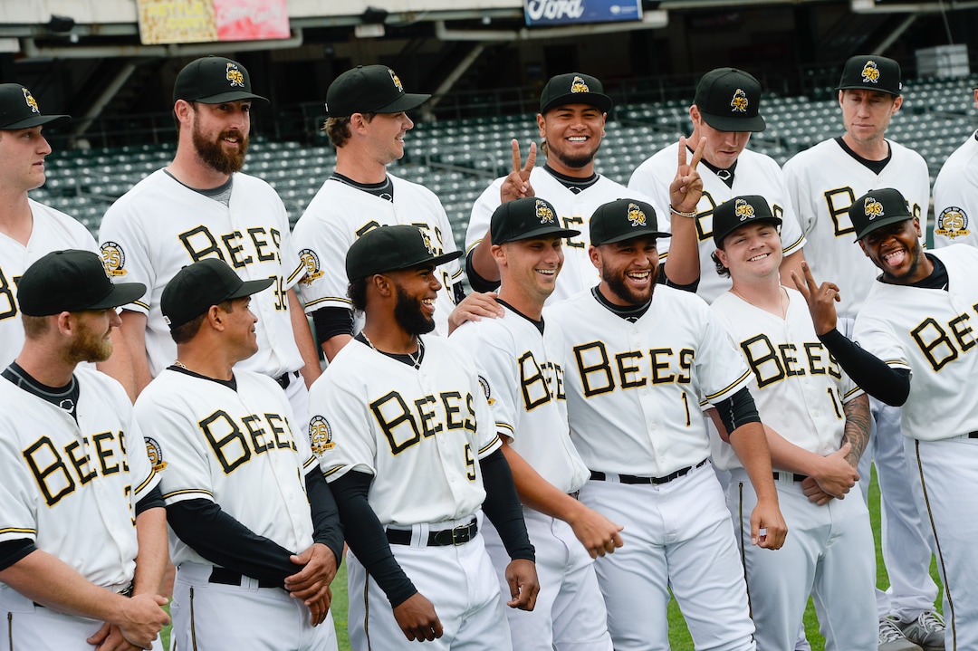 (Francisco Kjolseth  |  The Salt Lake Tribune)  The Salt Lake Bees have a little fun as they gather for a group portrait for the start of their season during Media Day on Tuesday, April 2, 2019. 