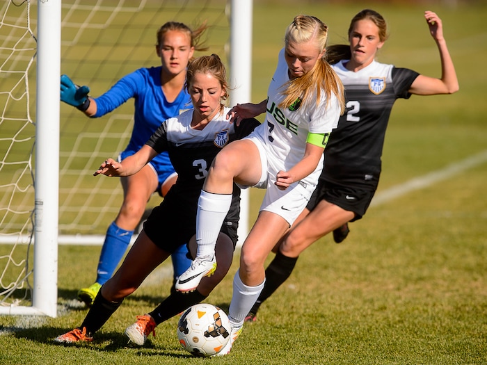 (Trent Nelson | The Salt Lake Tribune)  Syracuse's Ashlyn Hall with the ball in front of Pleasant Grove's goal in the Class 6A girls' soccer state quarterfinal between Pleasant Grove and Syracuse, in Syracuse Thursday October 12, 2017.