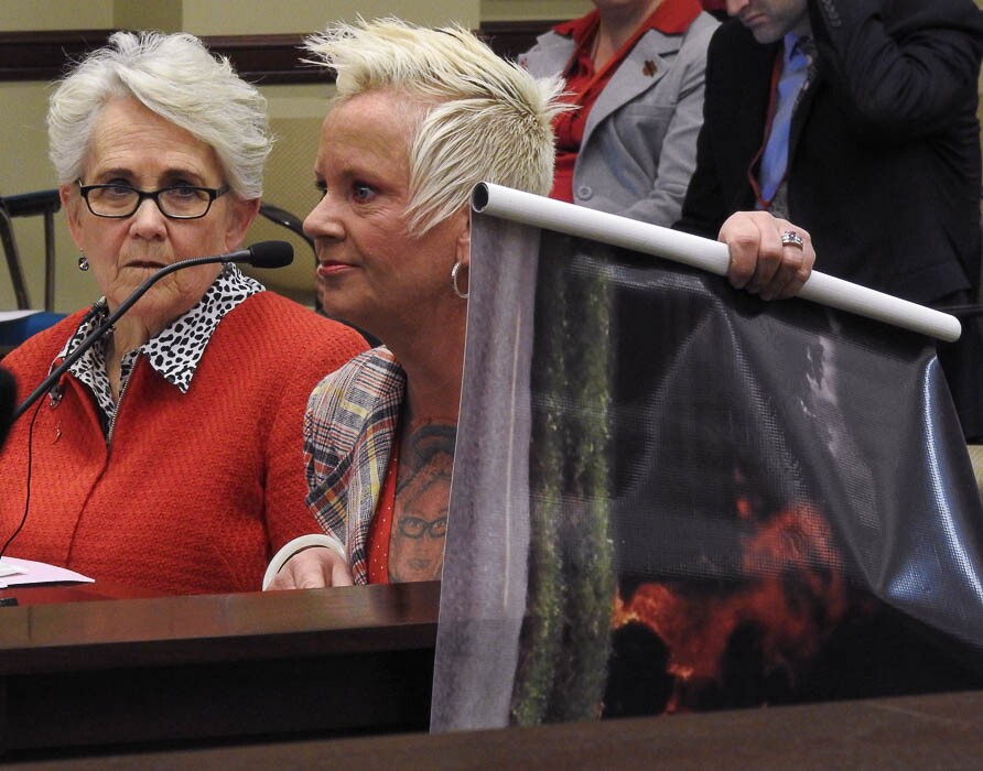 (Trent Nelson | The Salt Lake Tribune) Elissa Schee speaks to the House Transportation Committee in support of HB64, which would strengthen distracted driving penalties. Salt Lake City, Friday February 9, 2018. Schee's daughter Margay was killed in an accident involving a distracted driver. Rep. Carol Moss, D-Holladay is at left.
