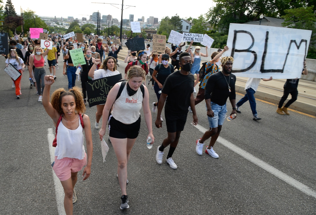 (Francisco Kjolseth  |  The Salt Lake Tribune) Demonstrators protesting against police brutality make their way to the University of Utah on Wednesday, June 3, 2020, in Salt Lake City, as the initially set 8 p.m. weeklong curfew was removed.