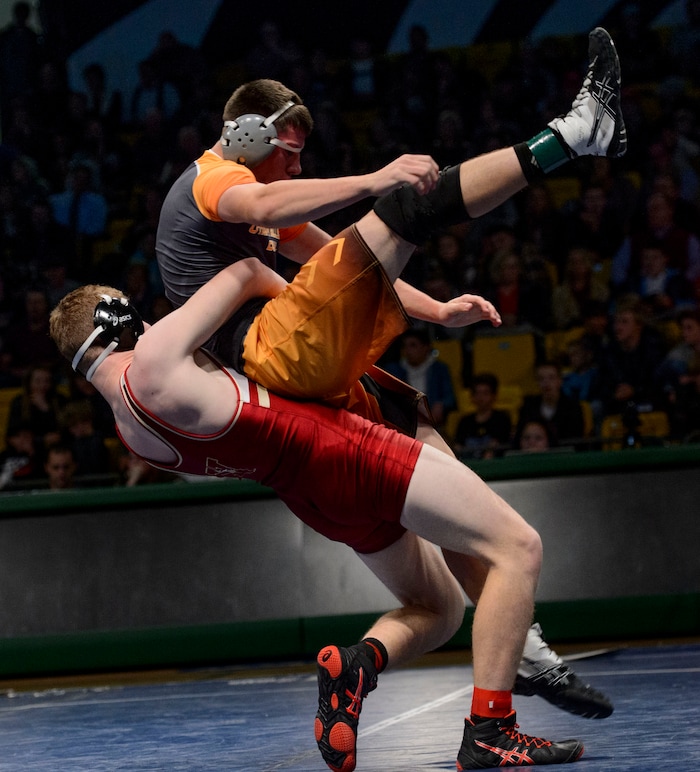 (Steve Griffin  |  The Salt Lake Tribune) Taylor Money, of Viewmont, leans back and flipsTyler Haley, of Canyon View, to the mat during the All-Star Duals wrestling at Utah Valley University's UCCU Center in Orem Tuesday January 9, 2018.